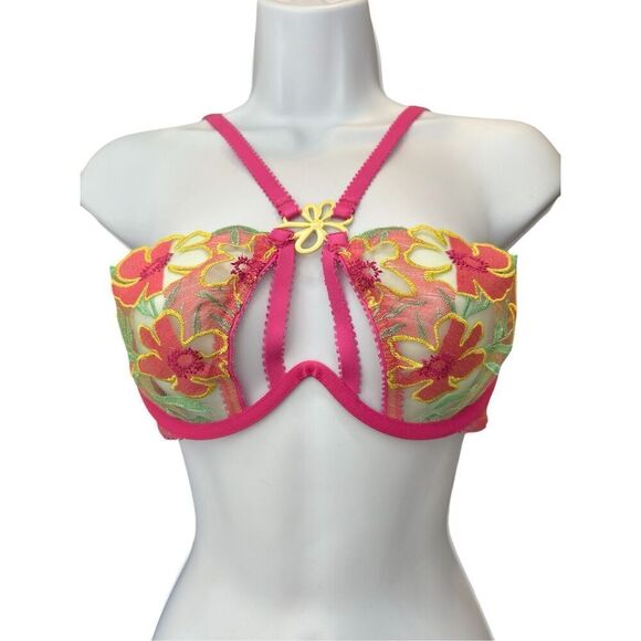 For Love & Lemons size S Lucy Monowire Bra Pink Floral Embroidered Mesh Strappy - Picture 4 of 8